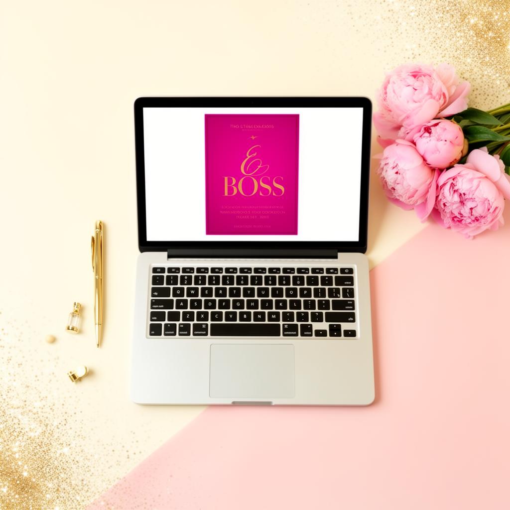 Luxury digital-product creation workspace with a branded ebook on a laptop